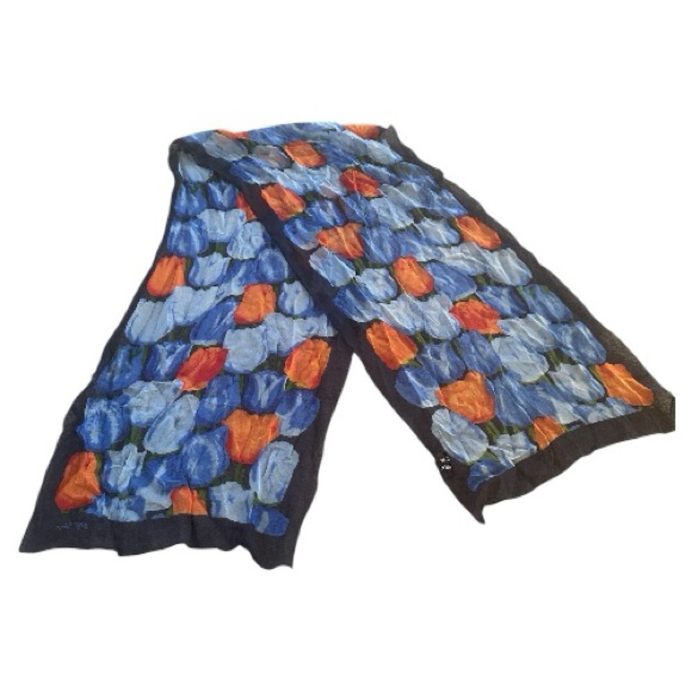 Vintage Elegant Tulip Silk Scarf Hand Painted. Art to Wear. 14.5X60inch